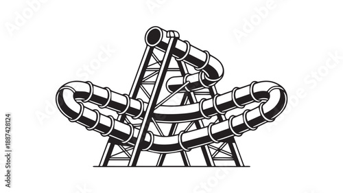 Abstract structure resembling interlocking tubes and scaffolding in a striking black and white illustration