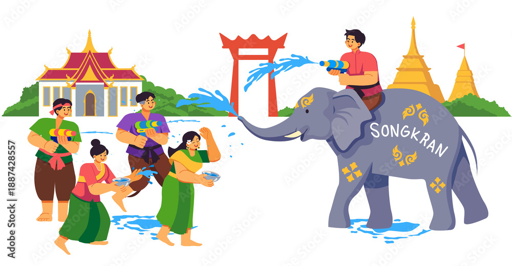 Fototapeta premium estive Songkran Illustration with Thai People in Traditional Clothing and Elephant