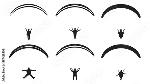 Minimalist black and white abstract graphic icon set featuring stylized human figures reaching upwards and elegant curved arc shapes, ideal for modern visual communication and conceptual designs