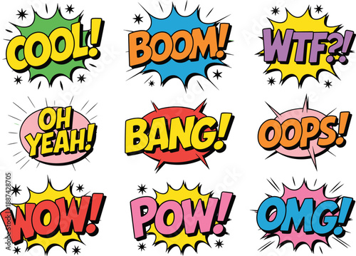 Colorful comic pop art speech bubbles with expressive words like wow, boom, bang, omg and cool, modern retro cartoon style graphic illustration set