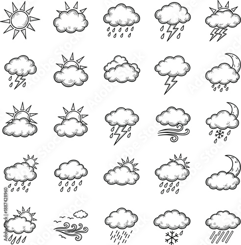 Hand drawn weather icon set in charcoal sketch style with sun clouds rain lightning snow and moon doodle symbols.