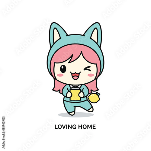 Cute cartoon girl wearing cat costume and holding tea set