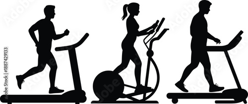 Fitness gym workout silhouettes showing men and woman exercising on treadmill and elliptical trainer, healthy lifestyle, cardio training concept isolated on white background