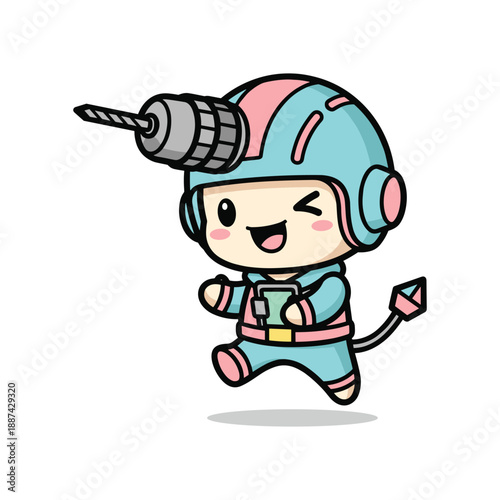 Cartoon character wearing blue helmet with drill attachment