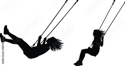Silhouettes of children swinging on playground swings capturing joyful motion, freedom, and carefree childhood outdoor play, black and white illustration for leisure and design concepts
