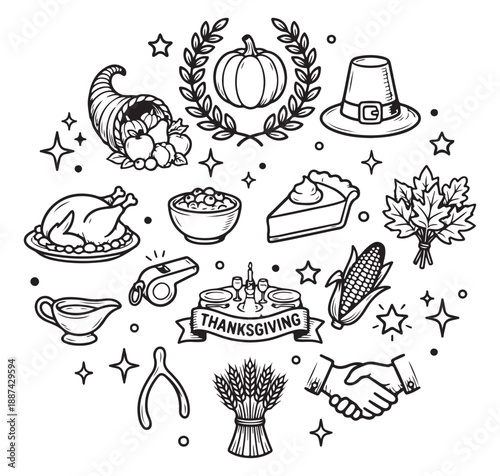 Black and white outline illustration of various Thanksgiving holiday symbols arranged in a circular design on a white background.