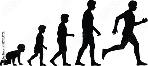 Human evolution silhouette sequence from crawling baby to running adult man showing growth stages, development progress, life cycle concept isolated on white background