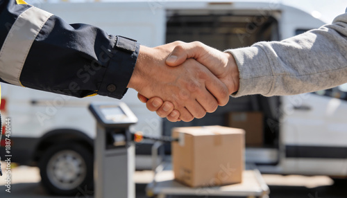 Close up handshake between courier and customer in front of delivery van with parcel box logistics service agreement last mile shipping concept