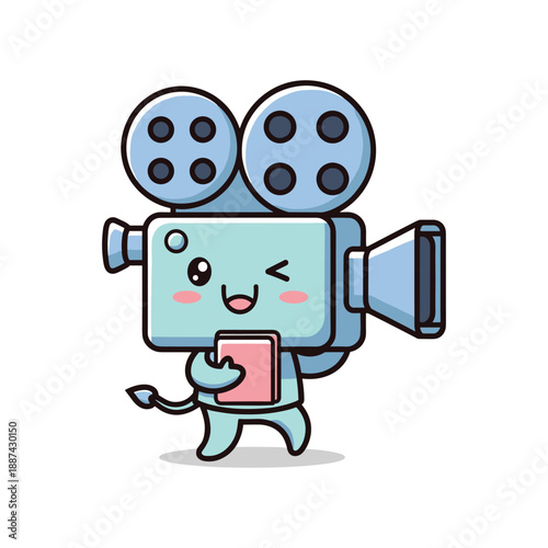 Cartoon video camera character holding smartphone