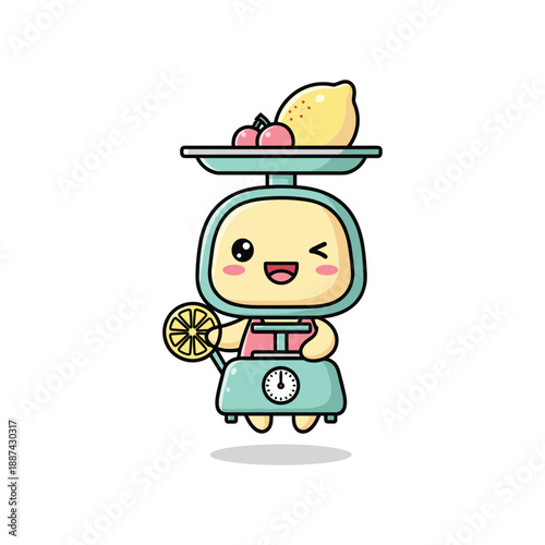 Cartoon character weighing fruits and vegetables on scale
