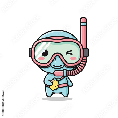 Cartoon character wearing scuba gear and eating donut