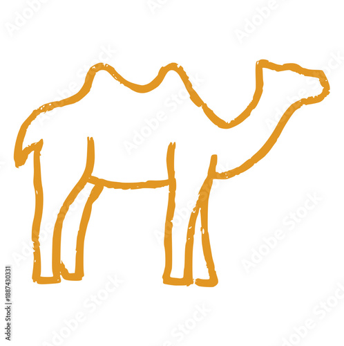 camel illustration, orange dromedary desert animal doodle with rough wax texture, minimal wild mammal vector element for kids education, safari travel, and middle east branding
