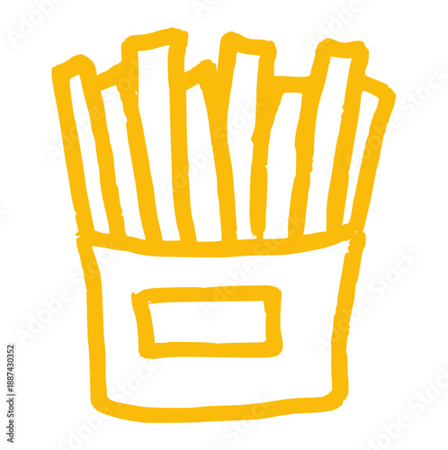 french fries in box, wax doodle potato chips snack, hand drawn yellow crayon, rough texture fast food element for menu design, junk food takeaway icon, simple salty fried appetizer illustration
