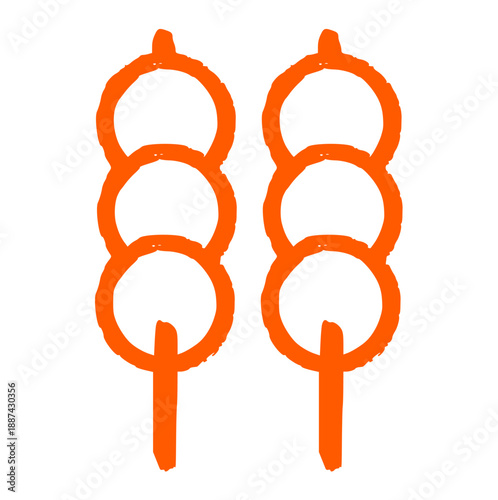 dango japanese dessert on stick, orange wax crayon doodle mochi balls, rough texture food element for sweet snack, asian cuisine, street food or wagashi culinary