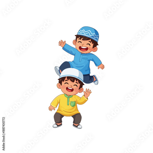 Cute cartoon vector illustration of a smiling boy and girl wearing winter clothes and hats