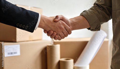 Close up handshake for moving and relocation service with packed cardboard boxes packing supplies and customer agreement home office transfer storage logistics concept