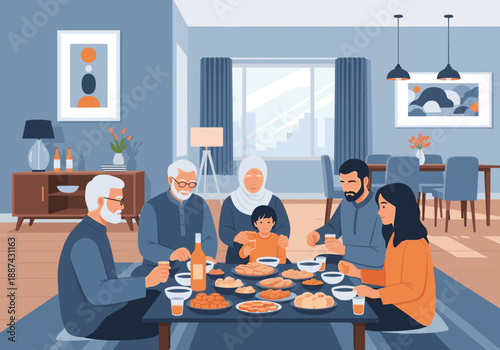 A warmly-lit illustration depicts two elderly men sharing a meal. Perfect for representing family, companionship, or a focus on senior lifestyles in e