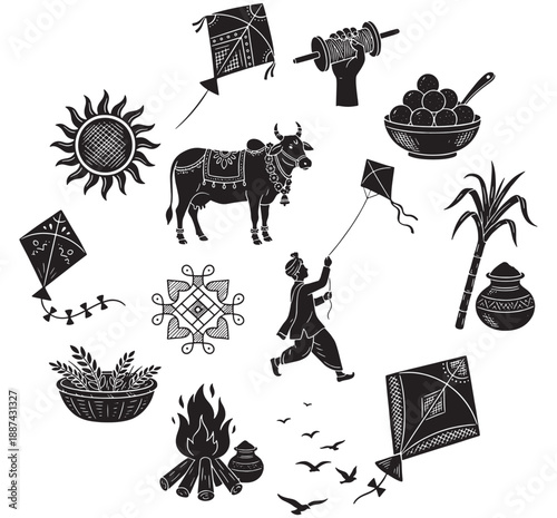 A collection of black and white illustrations depicting various elements and traditions of Indian harvest festivals like Makar Sankranti and Pongal, including kites, sun, cattle, sweets, and bonfires.