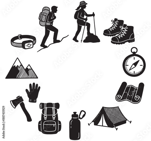Collection of hand-drawn icons representing hiking and camping gear, including backpack, tent, compass, map, and boots.