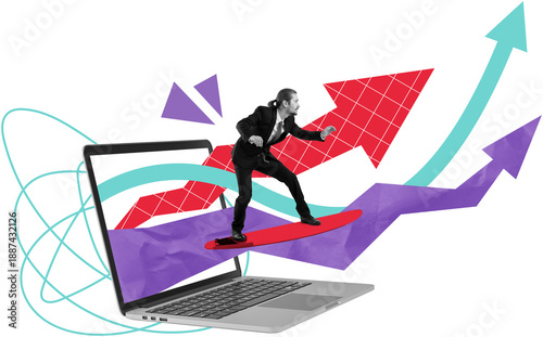 Canvas Print Businessman in suit surfing on red board from laptop, surrounded by arrows and a