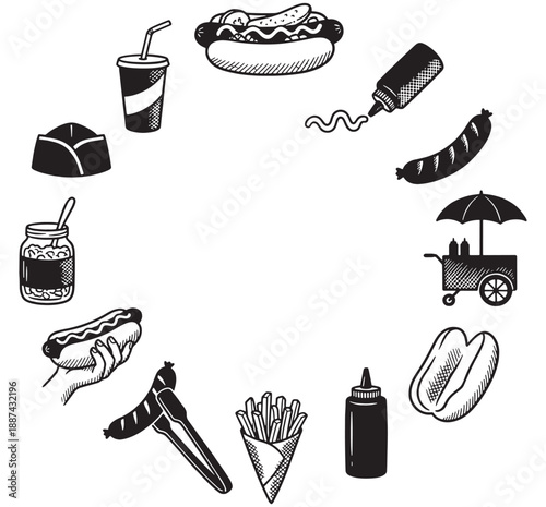Black and white illustration of various hot dog and fast food elements, including sausages, buns, condiments, fries, and a drink, arranged in a circular frame.