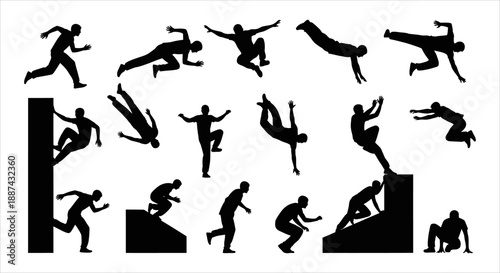 Collection of Parkour Athletes in Dynamic Action Silhouettes Running, Jumping, and Climbing Vector Graphics