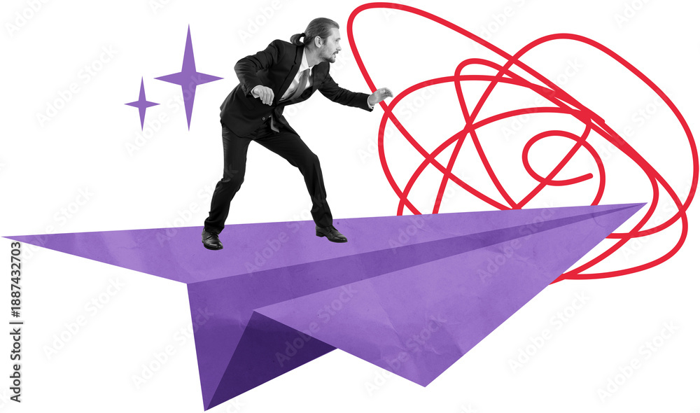 Naklejka premium Man in suit balancing on purple paper plane, red scribble and sparkles on white background, collage concept of chaos, leadership, and direction