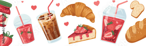 Cute strawberry desserts and drinks collection, sweet food illustrations with cakes, juices, smoothies, bakery items, romantic hearts background