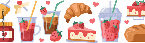 Cute strawberry desserts and drinks collection, sweet food illustrations with cakes, juices, smoothies, bakery items, romantic hearts background