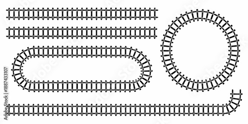 Black and white illustration depicting various arrangements of toy train tracks