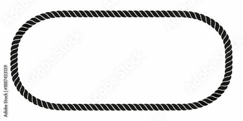 A black twisted rope forming an oval shaped frame on a white background