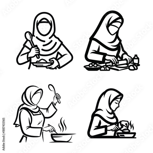 Muslim woman chef and baker culinary activities line art illustration