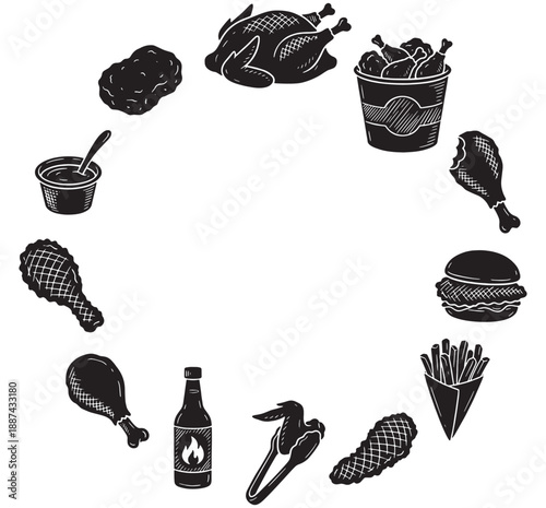 A black and white graphic illustration depicting a circular arrangement of various chicken dishes and related food items.
