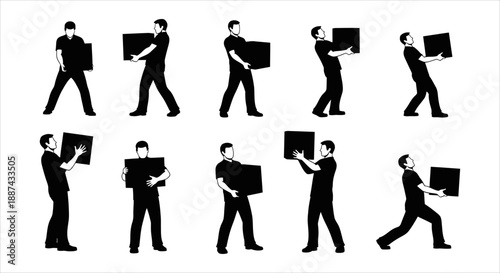 Man carrying a box, illustrating different poses and actions with a package