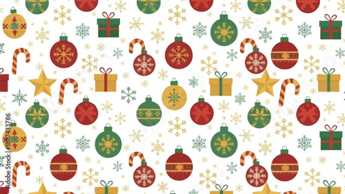 Christmas pattern with ornaments and gifts on white background