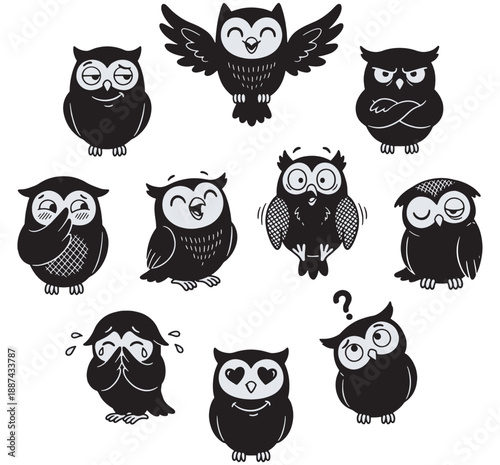 A collection of cute cartoon owls with various emotions and expressions, perfect for illustrating different feelings.