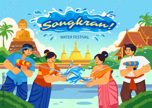 Cheerful Songkran Festival Illustration with Man and Woman Playing Water