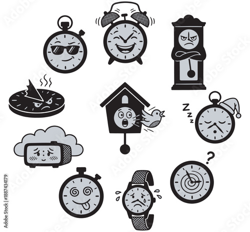 A collection of anthropomorphic clocks and watches displaying various emotions and expressions in a graphic illustration.