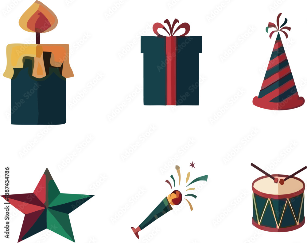 Obraz premium Party icons set with candle gift and drum