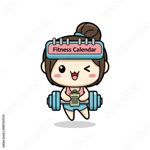 Woman lifting weights with fitness calendar on head