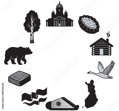A circular arrangement of iconic Finnish symbols including Helsinki Cathedral, Karelian pie, a log cabin, whooper swan, map of Finland, kantele, Finnish flag, sauna, brown bear, and birch tree.