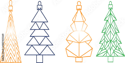 Colorful Christmas tree line art designs for winter holiday