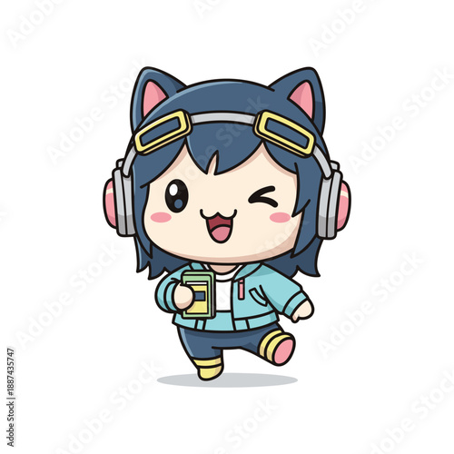 Cartoon character enjoying music with headphones and phone