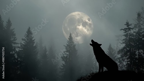 Wolf Howling at Full Moon in Misty Forest
