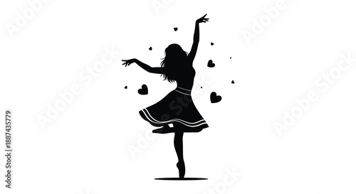 A graceful silhouette of a woman dancing surrounded by scattered heart shapes conveys joyfulness and artistic expression