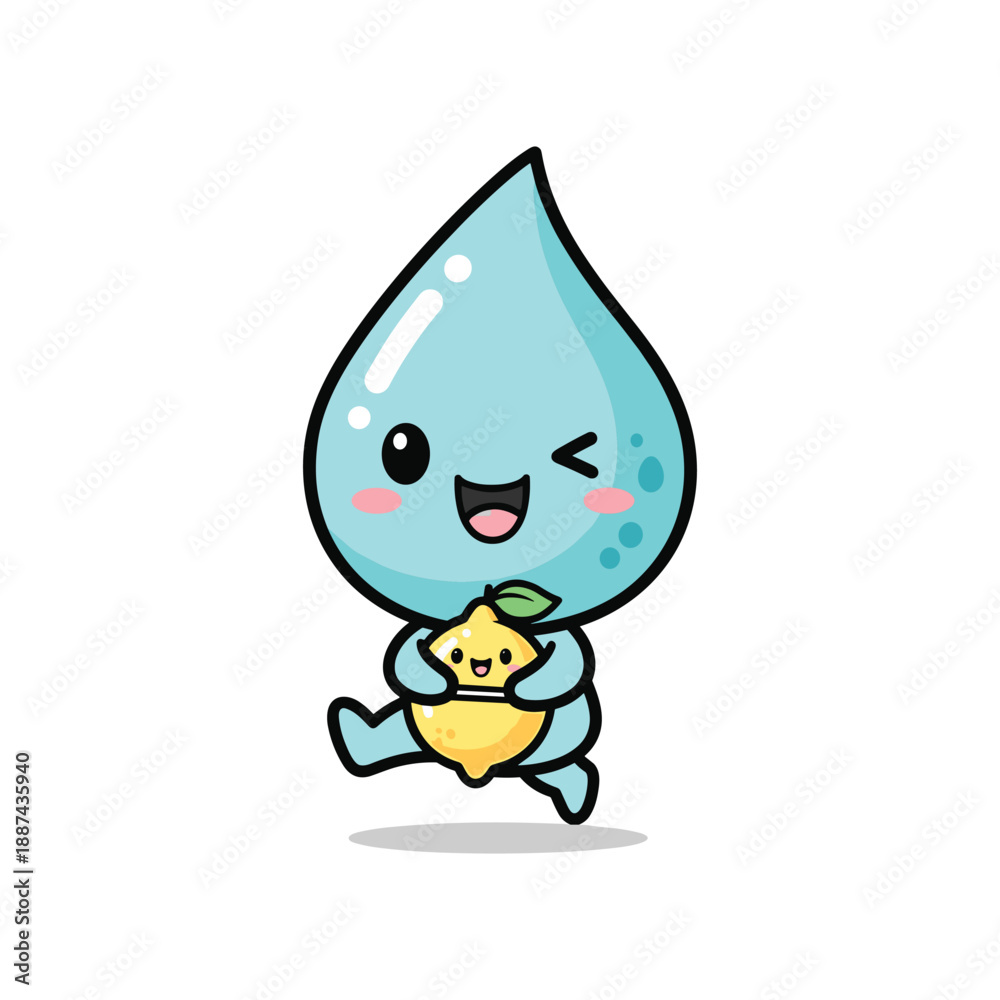 Fototapeta premium Happy water droplet character hugging lemon