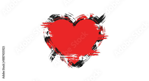 A strikingly bold heart shape is vividly illustrated with brushstrokes featuring a vibrant red center and textured black edges