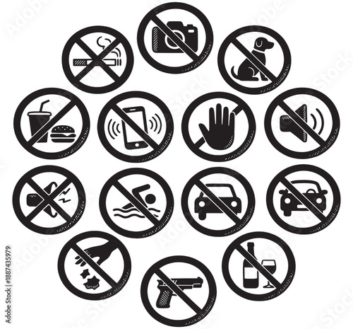 Collection of various prohibition signs and symbols indicating restrictions and warnings.
