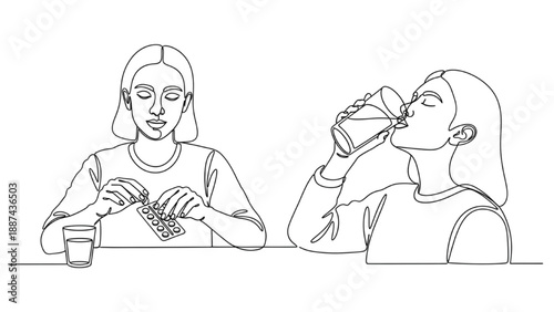 High-Quality Continuous Line Colorful Icons of Daily Medication Management and Healthy Water Drinking Routine