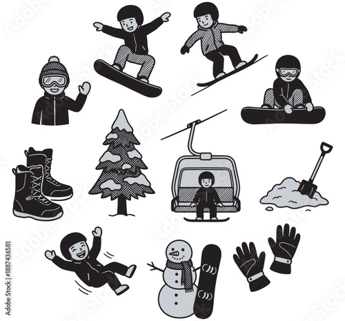 A collection of winter sports and activities, including snowboarding, skiing, a ski lift, snow angels, a snowman, and winter gear.